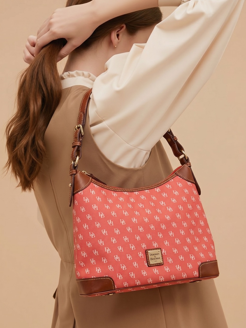 Dooney & Bourke Red Logo-Print Shoulder Bag with Brown Trim